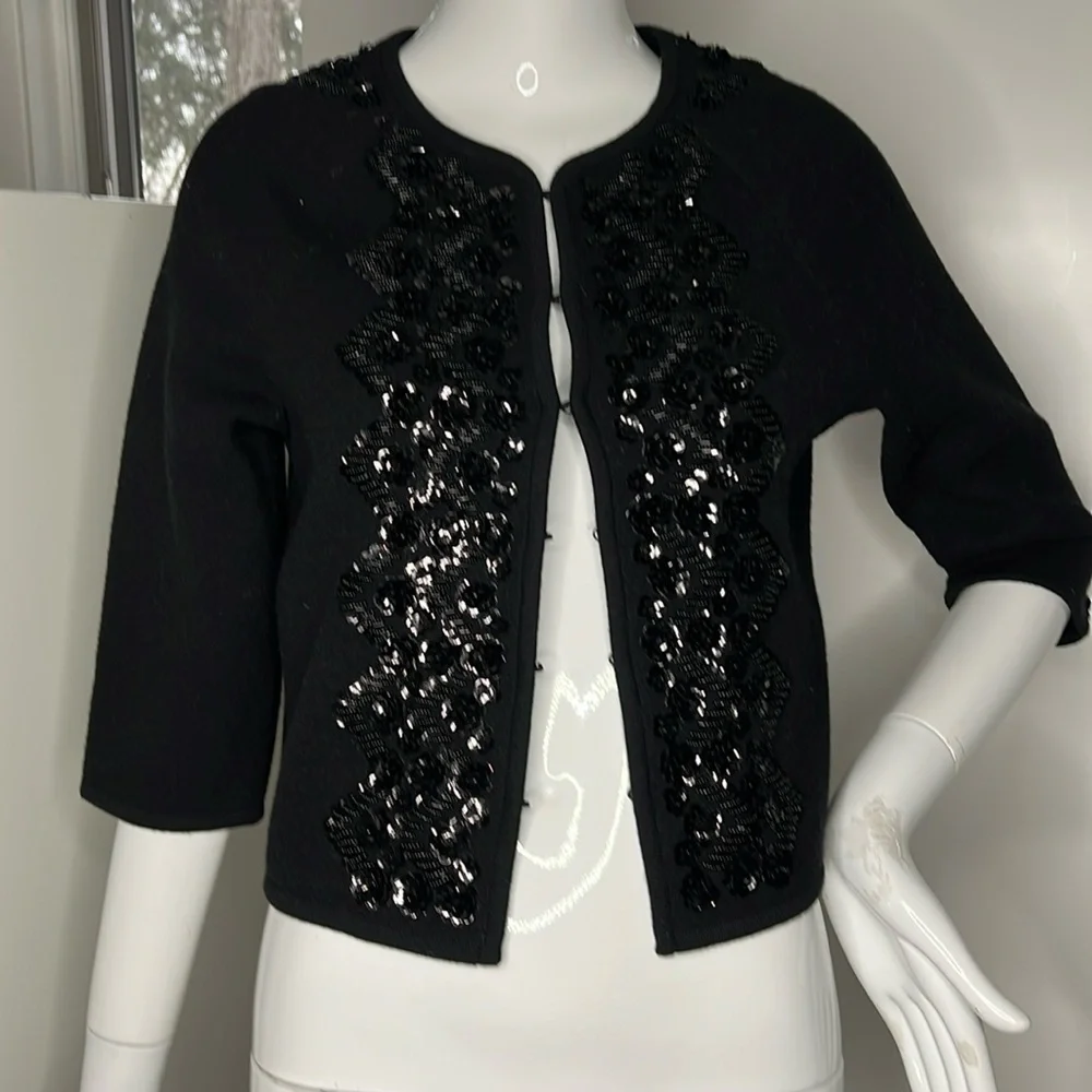 Elevenses Sz S Black Wool Beaded Black Cardigan Sweater Lined Interior